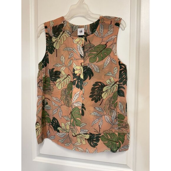 Cabi Blouse 5351 Tropical S Small Sleeveless Monstera Leaf Print Pink Green - Picture 2 of 10